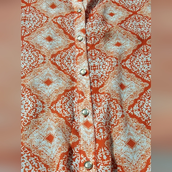 Kut From The Kloth | Orange Geometric Sheer Button Down Blouse - Picture 10 of 10